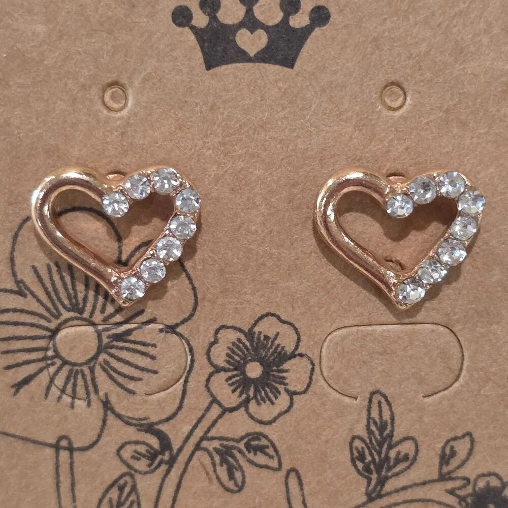 NOS Rose Gold Open HEART Rhinestone Accent Stud Pierced Earrings